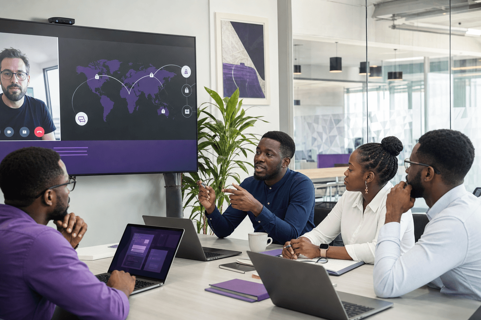 Technology professionals collaborating with an international client on a digital platform